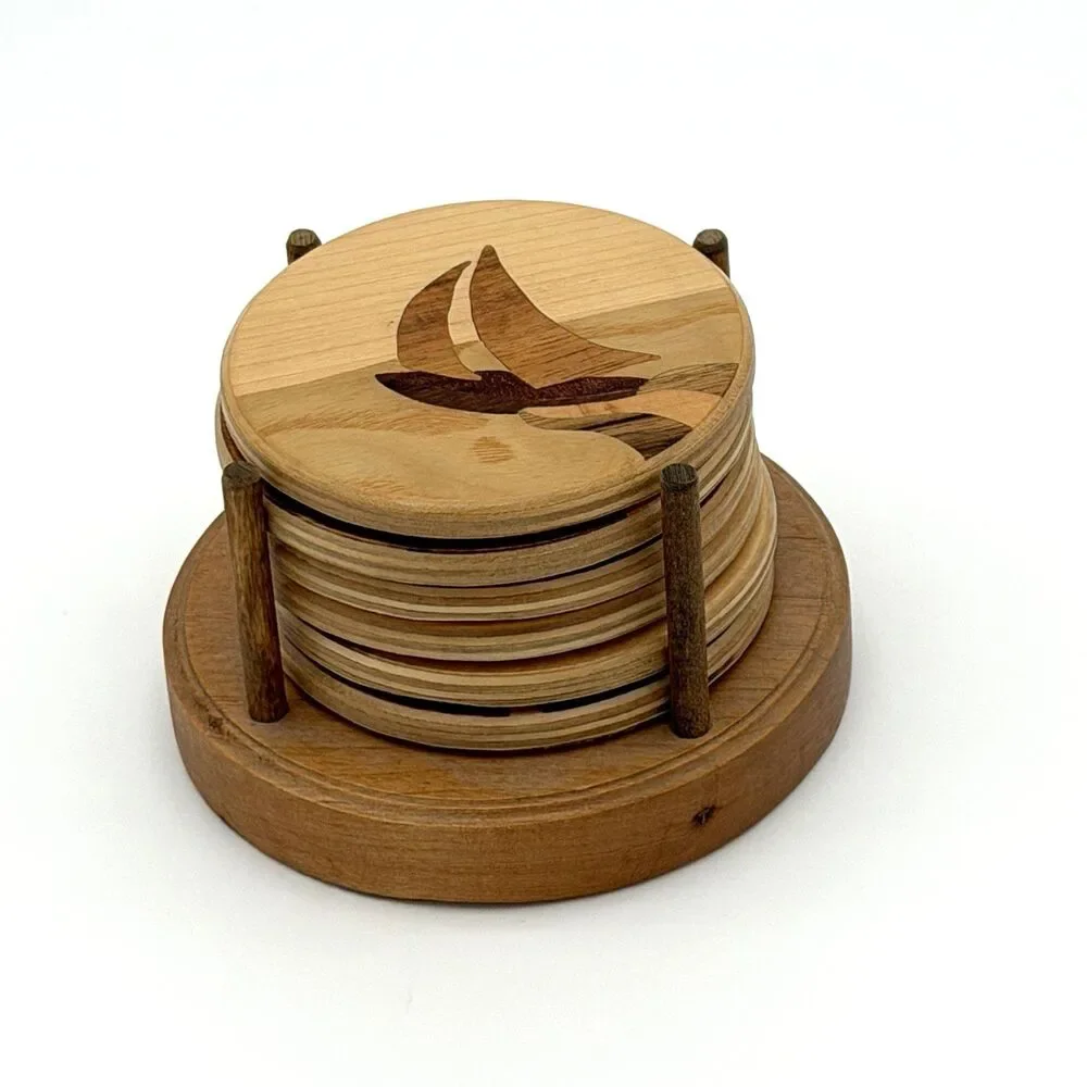 Vintage Round Mountain Woodworks Inlay Wooden Coasters Set of 6 Holder